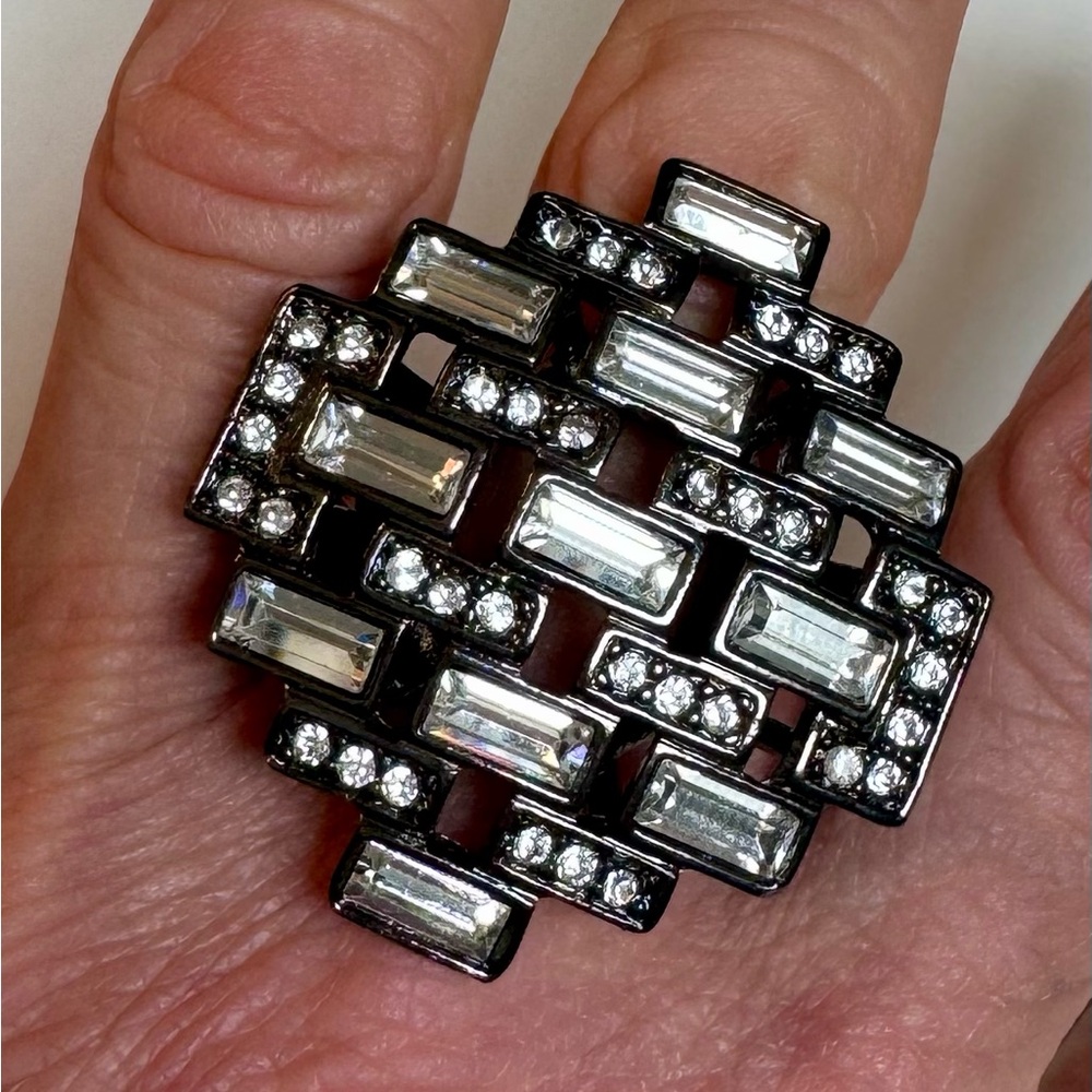 Givenchy Paris Vintage Gun Metal Encrusted Jewelled Rhinestone Statement Ring